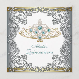 Gold Silber Teal Tiara Quinceanera Einladung