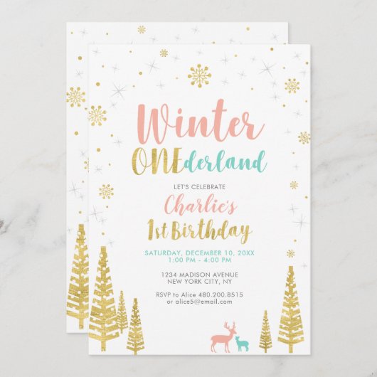 Gold & Silber Winterlandschaft 1. Party Einladung (Vorne/Hinten)