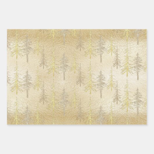 Gold Silber Woodland Scraggly Spruce Pine Trees Geschenkpapier Set (Vorderseite)