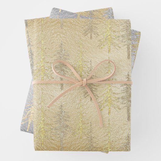 Gold Silber Woodland Scraggly Spruce Pine Trees Geschenkpapier Set (Beispiel)