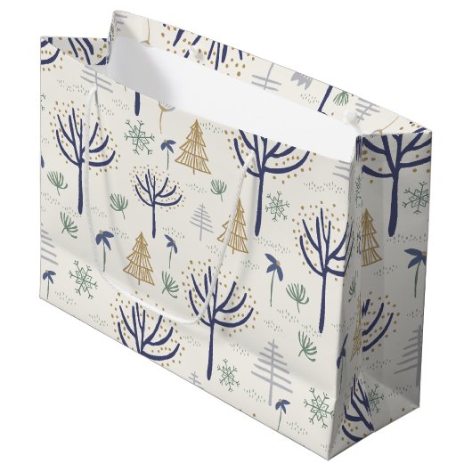 Gold Silberne Weihnachtsbäume Lichter und Ornament Große Geschenktüte (Vorderseite Schrägansicht)