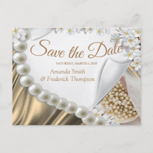 Gold Silk & Ivory Perlen Save the Date Ankündigungspostkarte