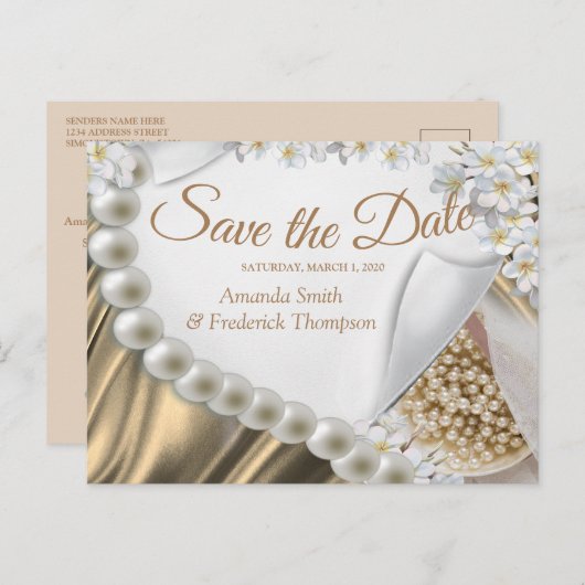 Gold Silk & Ivory Perlen Save the Date Ankündigungspostkarte (Vorne/Hinten)