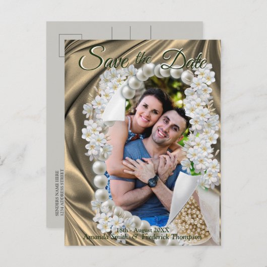 Gold Silk & Ivory Perlen Save the Date Ankündigungspostkarte (Vorne/Hinten)