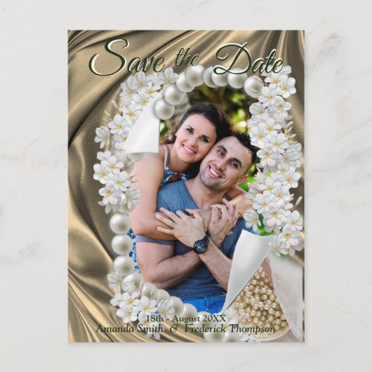Gold Silk & Ivory Perlen Save the Date Ankündigungspostkarte (Vorderseite)