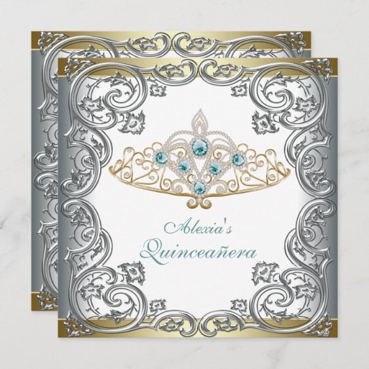 Gold Silver Aquamarin Tiara Quinceanera Einladung (Vorne/Hinten)