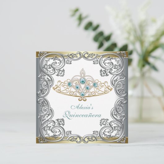 Gold Silver Aquamarin Tiara Quinceanera Einladung (Stehend Vorderseite)