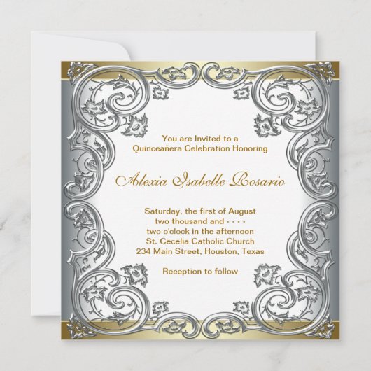 Gold Silver Aquamarin Tiara Quinceanera Einladung (Rückseite)