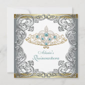 Gold Silver Aquamarin Tiara Quinceanera Einladung (Vorderseite)