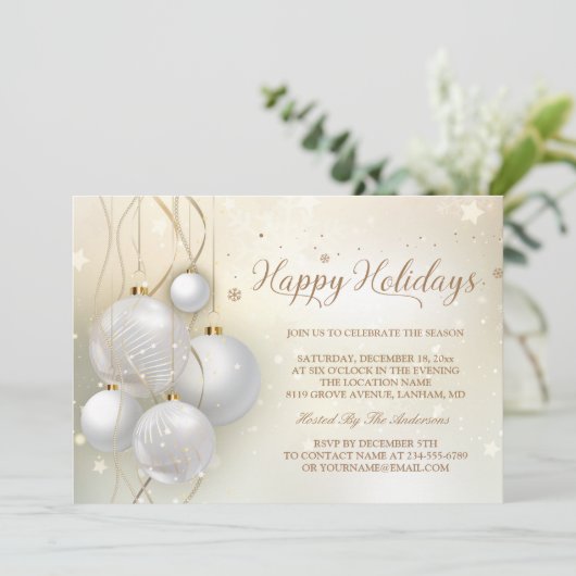 Gold Silver Baubles Stars Light Chic Feier Einladung (Stehend Vorderseite)