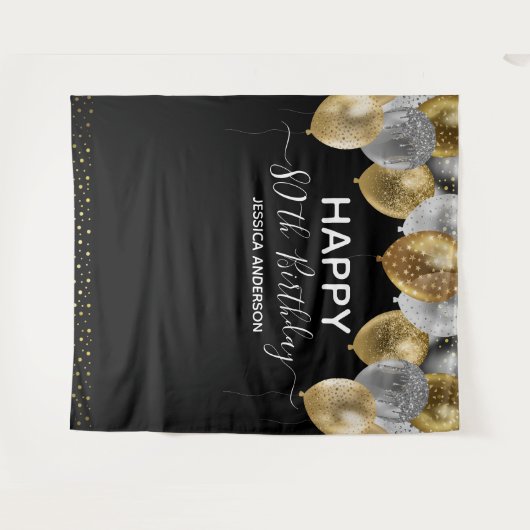 Gold Silver Black Balloons Tapestry zum 80. Geburt Wandteppich (Vorderseite (Horizontal))