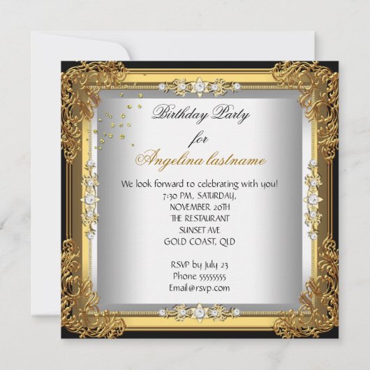 Gold Silver Black Birthday Party High Heel Einladung (Rückseite)