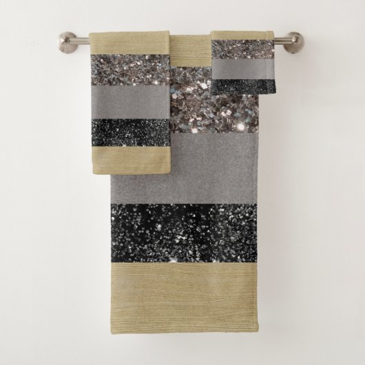 Gold Silver Black Glitzer Glam Streifen #1 Badhandtuch Set (Insitu)