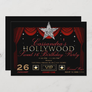 Gold Silver Black & Red Hollywood Geburtstagsparty Einladung