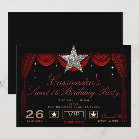 Gold Silver Black Red VIP Einlass einer Geburtstag Einladung (Vorne/Hinten)