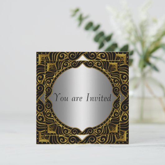 Gold Silver Black Retro Party Einladung (Stehend Vorderseite)