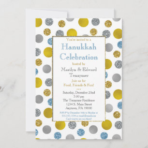 Gold Silver Blue Dots Hanukkah Einladung