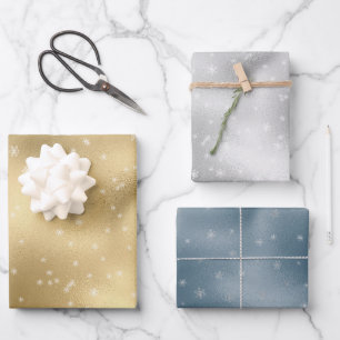 Gold Silver Blue White Snowflakes Geschenkpapier Set