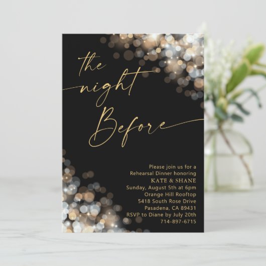 Gold & Silver Bokeh Glitzer Probe Dinner Einladung (Stehend Vorderseite)