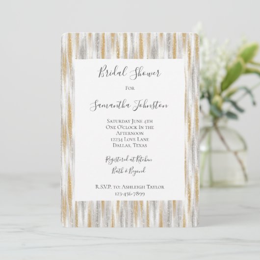 Gold Silver Chic Glam Glitzy Stripes Bridal Shower Einladung (Stehend Vorderseite)