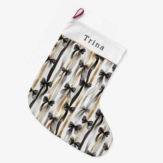 Gold Silver Christmas Black Ribbons & Bows Großer Weihnachtsstrumpf (Vorderansicht (hängend))