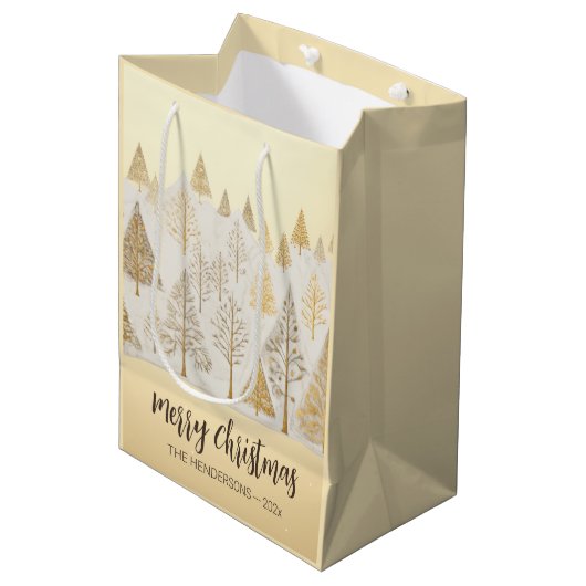 Gold Silver Christmas Pine Trees Geschenktasche Mittlere Geschenktüte (Vorderseite Schrägansicht)