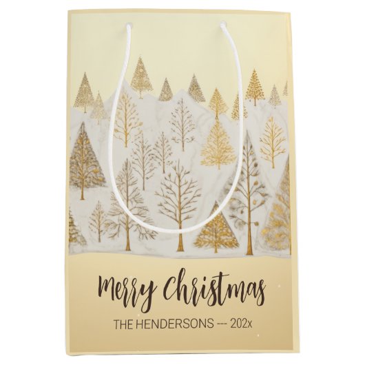 Gold Silver Christmas Pine Trees Geschenktasche Mittlere Geschenktüte (Vorderseite)