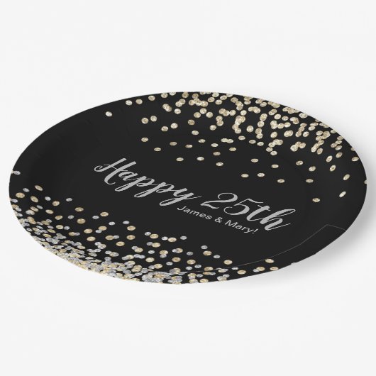 Gold Silver Confetti Custom 25-jähriges Party Pappteller (Schrägansicht)