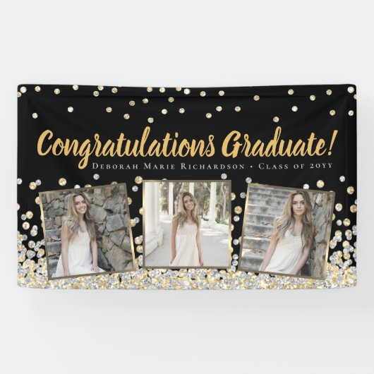 Gold Silver Confetti Foto Collage Abschluss Banner (Horizontal)