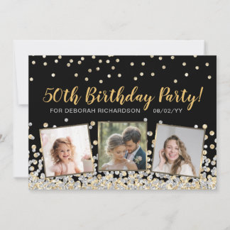 Gold Silver Confetti FotoCollage 50. Geburtstag Einladung