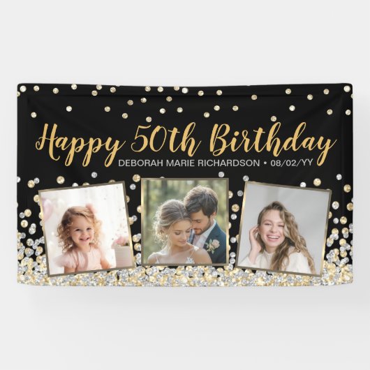 Gold Silver Confetti Photo Collage 50th Birthday Banner (Horizontal)