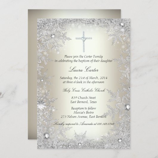 Gold Silver Crystal Snowflake Taufe/Weihnachten Einladung (Vorne/Hinten)