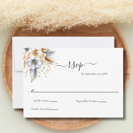 Gold Silver Floral Botanical Classic Wedding RSVP Karte