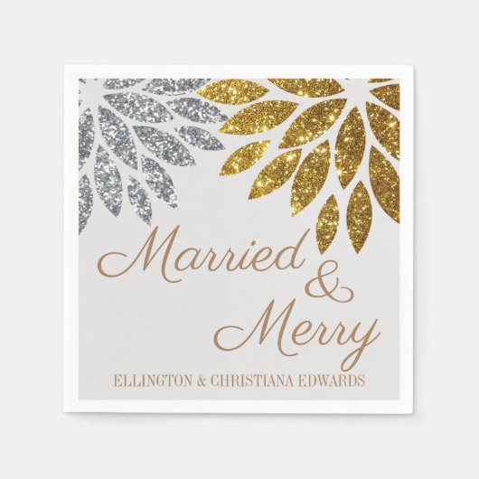 Gold Silver Floral Married and Merry Christmas Serviette (Vorderseite)