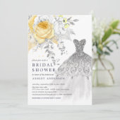 Gold & Silver Floral Wedding Dress Brautparty Einladung (Stehend Vorderseite)