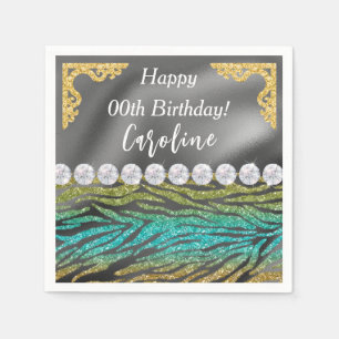 Gold Silver Foil & Aquamarin Zebra Print Birthday Serviette