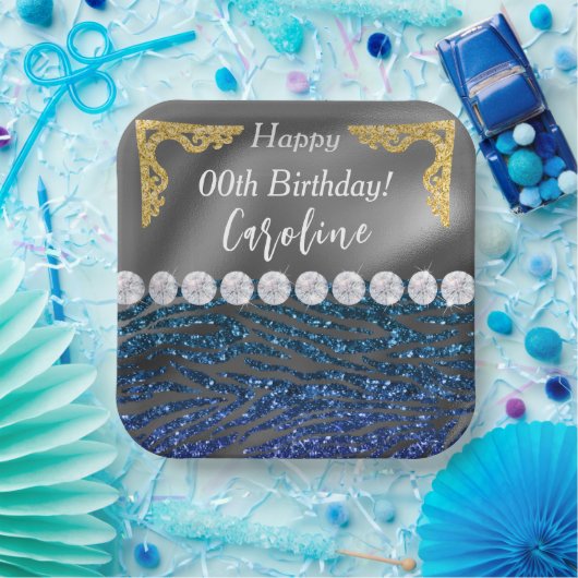 Gold Silver Foil & Dark Blue Zebra Print Birthday Pappteller (Party)