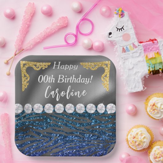 Gold Silver Foil & Dark Blue Zebra Print Birthday Pappteller (Party)