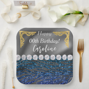 Gold Silver Foil & Dark Blue Zebra Print Birthday Pappteller