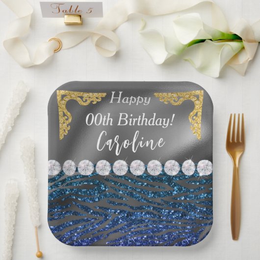 Gold Silver Foil & Dark Blue Zebra Print Birthday Pappteller (Hochzeit)