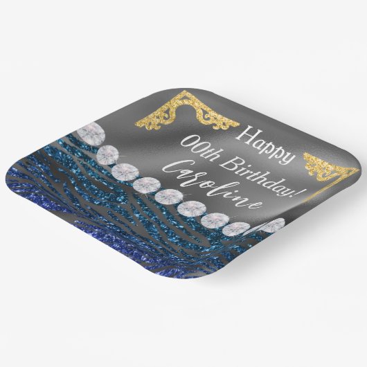 Gold Silver Foil & Dark Blue Zebra Print Birthday Pappteller (Gewinkelt)