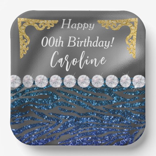 Gold Silver Foil & Dark Blue Zebra Print Birthday Pappteller (Vorderseite)