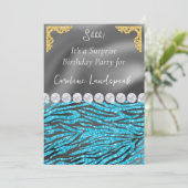Gold Silver Foil Light Blue Zebra Print Birthday Einladung (Stehend Vorderseite)