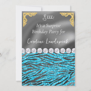 Gold Silver Foil Light Blue Zebra Print Birthday Einladung