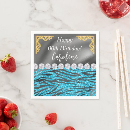Gold Silver Foil & Light Blue Zebra Print Birthday Serviette (Beispiel)