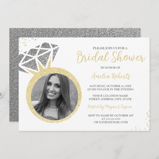 Gold Silver Foto Sparkring Brautparty Einladung (Vorne/Hinten)