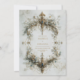 Gold Silver Frame Blue Gemstone Baroque Wedding Einladung