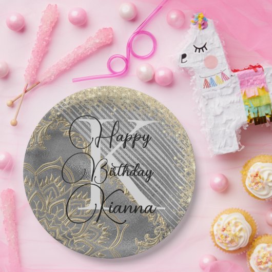 Gold SIlver Glitzer Mandala Monogram Birthday Pappteller (Party)