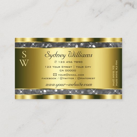 Gold Silver Glitzer Stars Monogram Noble Visitenkarte (Rückseite)