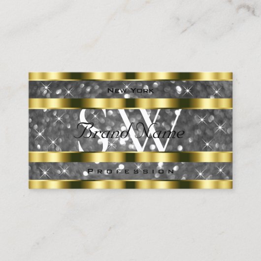 Gold Silver Glitzer Stars Monogram Noble Visitenkarte (Vorderseite)